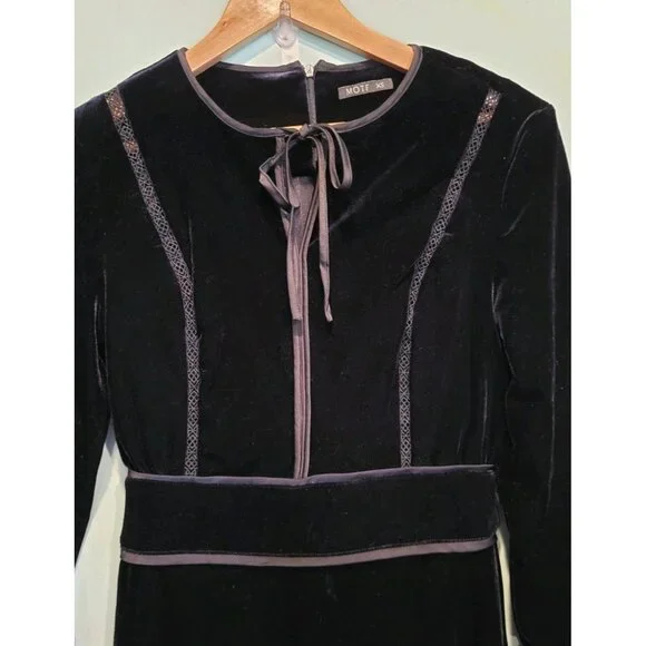 Black Velvet Long Sleeve Dark Cottagecore Whimsygoth Fairygrung Midi Dress Sz XS - Picture 3 of 7